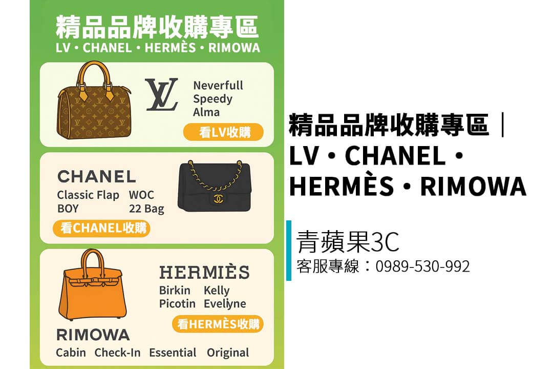 青蘋果3C 提供 LV、CHANEL、HERMÈS、RIMOWA 等精品品牌收購與寄賣服務，透明估價流程與實體門市支援，立即查詢品牌行情！