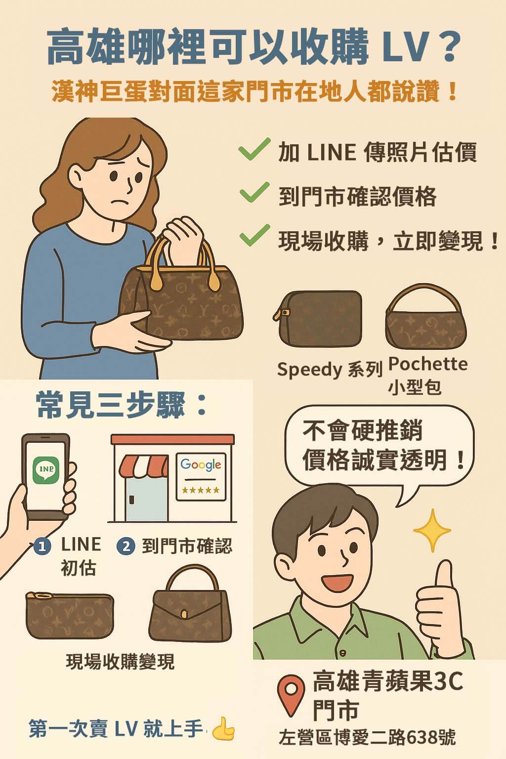 想賣LV包找不到門路？高雄在地推薦青蘋果3C，漢神巨蛋對面門市提供 CHANEL、LV、HERMÈS 收購與估價服務，安心變現！